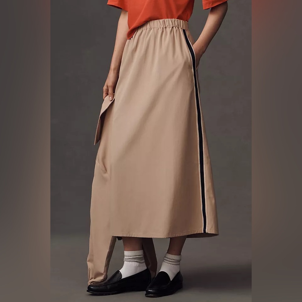 Maeve Beige A-Line Side Stripe Pull On Midi Skirt Size Small